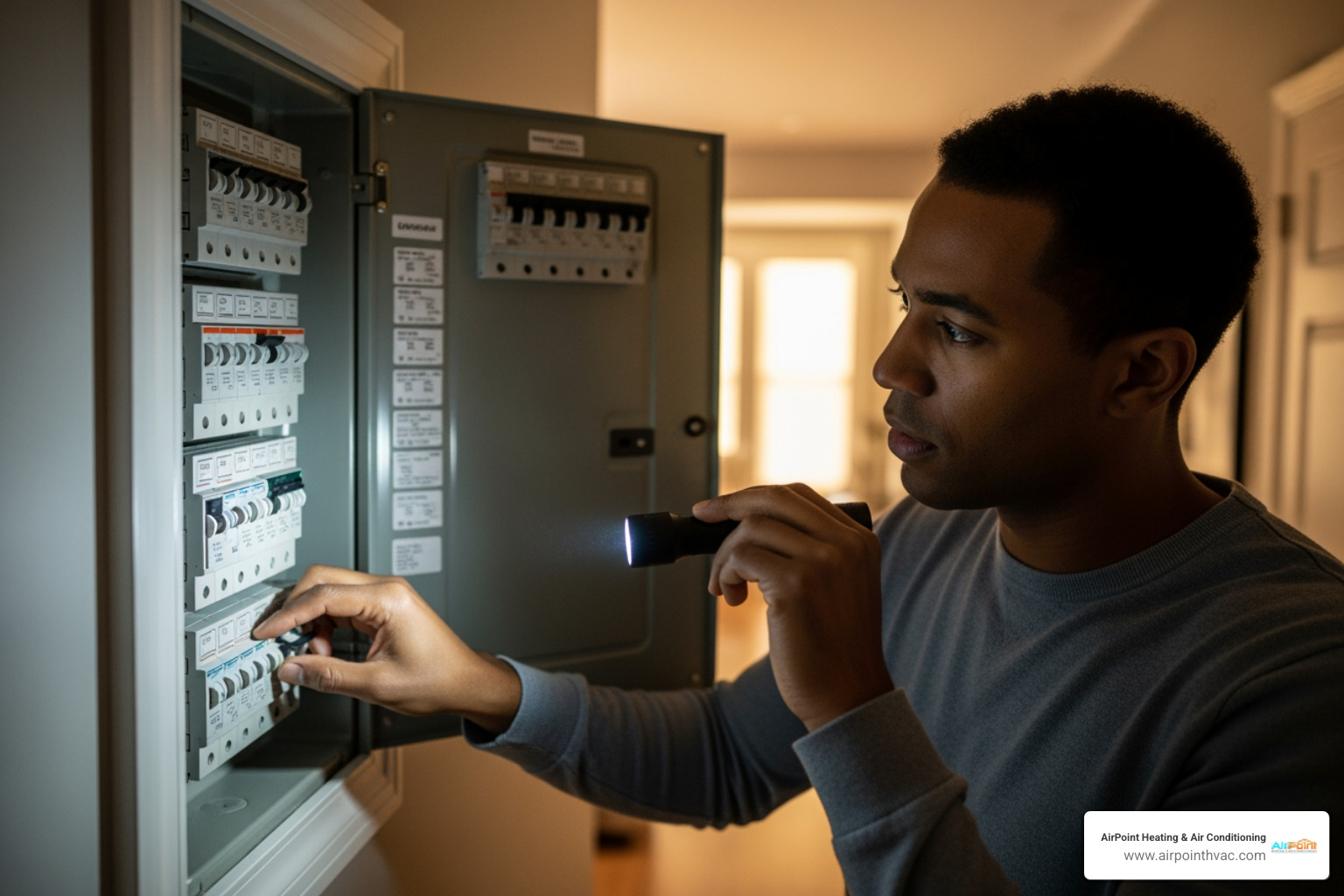 A homeowner safely checking their circuit breaker panel - 24 hour heating service in tustin ranch ca