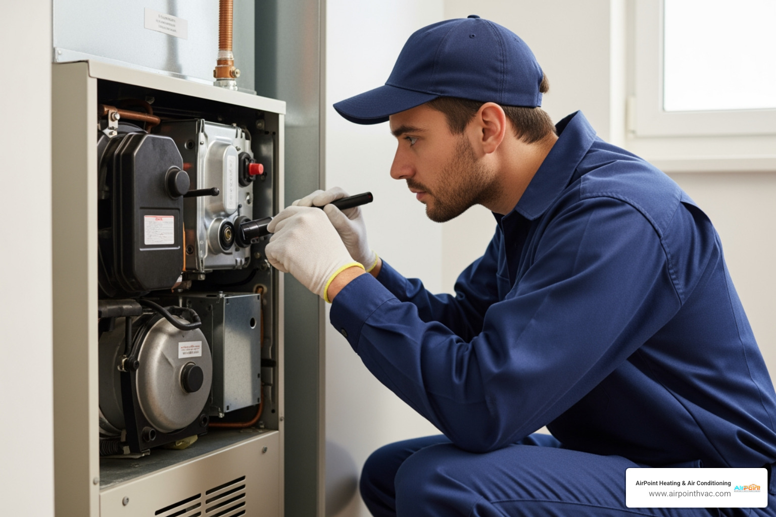 technician carefully inspecting a furnace component - heating maintenance in whittier ca