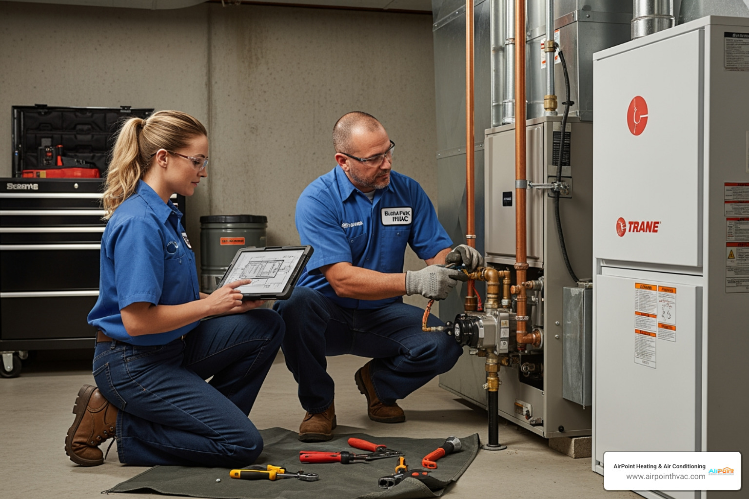 Infographic showing the five key stages of professional furnace installation: initial home assessment and load calculation, old unit removal and disposal, new furnace placement and connection to ductwork, gas line and electrical hookup with safety testing, and final inspection with homeowner walkthrough and thermostat programming - furnace installation technicians in buena park, ca