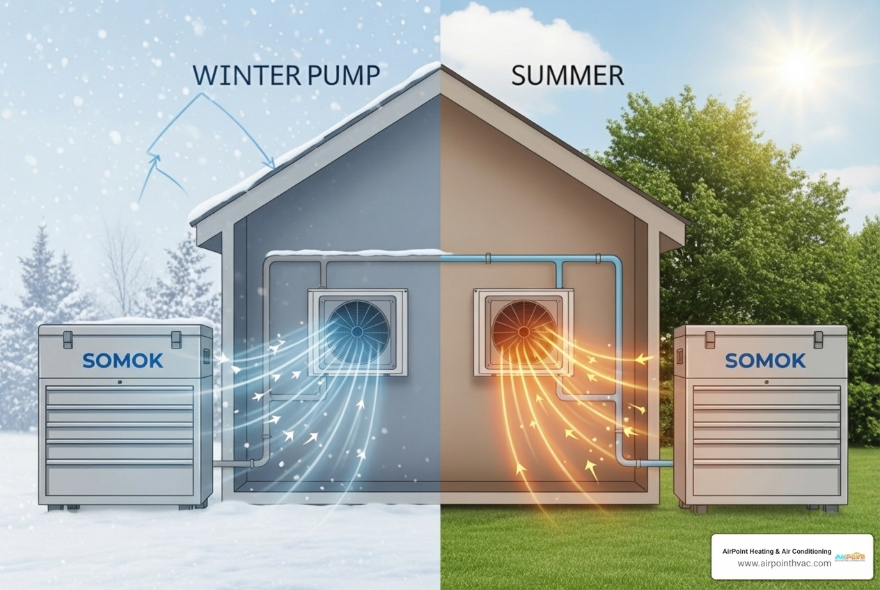 infographic showing how a heat pump transfers heat indoors during winter and outdoors during summer, with arrows indicating refrigerant flow direction and labeled components including the outdoor unit, indoor handler, compressor, and reversing valve - 24 hour heat pumps service in huntington beach ca