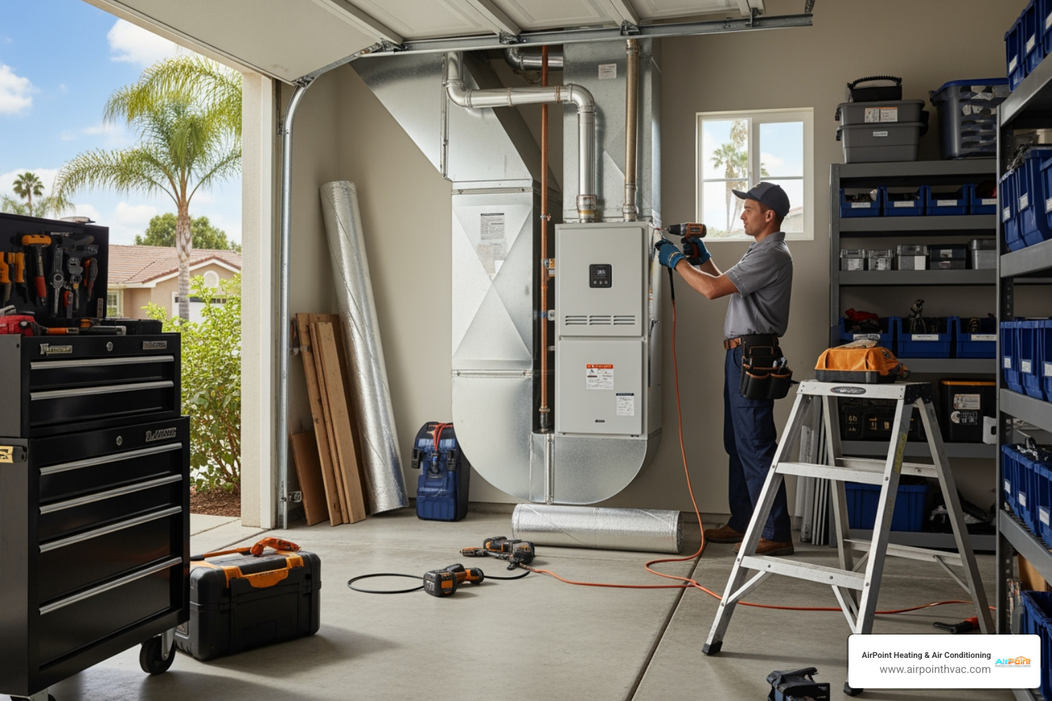 Infographic showing the top 5 signs a furnace needs replacement: age over 15 years with outdated efficiency features, rising energy bills indicating 20%+ efficiency loss, frequent repair calls costing more than replacement, uneven heating creating cold spots in rooms, and safety concerns like strange noises or visible rust - furnace installation in anaheim ca