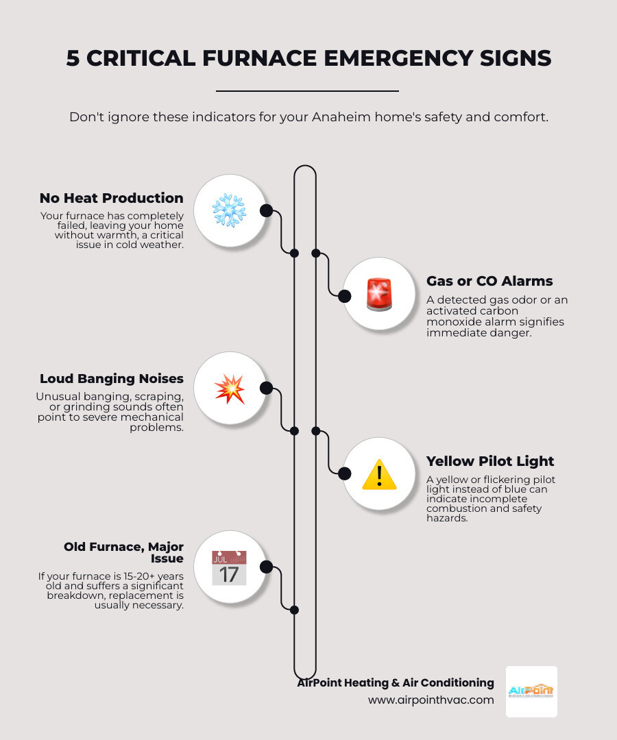 Infographic showing 5 critical warning signs requiring emergency furnace installation: 1) Complete loss of heat during cold weather, 2) Gas smell or carbon monoxide detector alarm, 3) Loud banging or metal-on-metal scraping sounds, 4) Yellow or flickering pilot light instead of blue, 5) Furnace over 15-20 years old with major component failure - emergency furnace installation in anaheim, ca infographic infographic-line-5-steps-elegant_beige