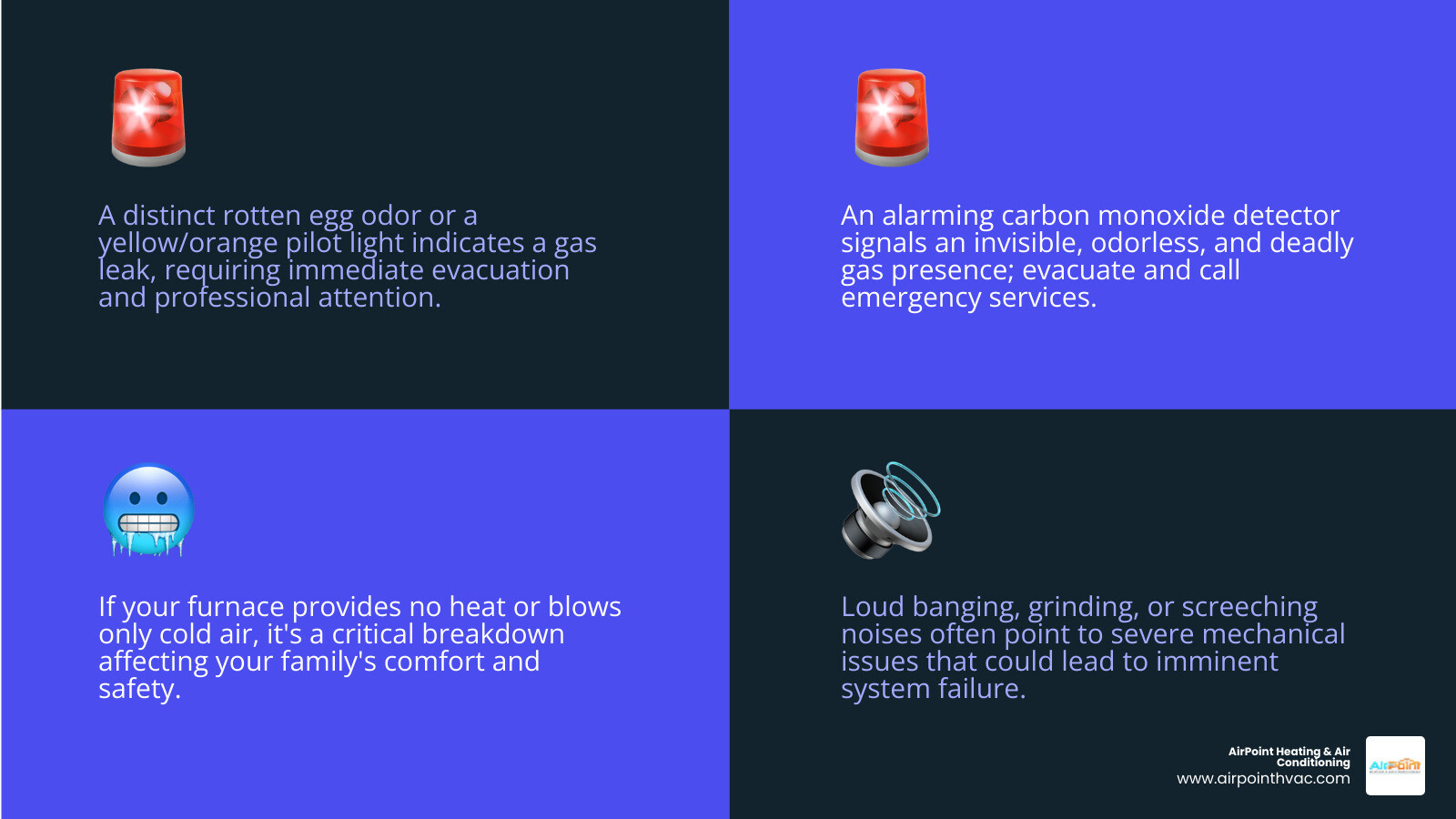 Infographic showing three critical emergency furnace repair indicators: a gas leak warning symbol with rotten egg odor description, a carbon monoxide detector alarming with safety evacuation steps, and a furnace with no heat output showing thermostat reading and cold air from vents - emergency furnace repair in garden grove, ca infographic 4_facts_emoji_blue