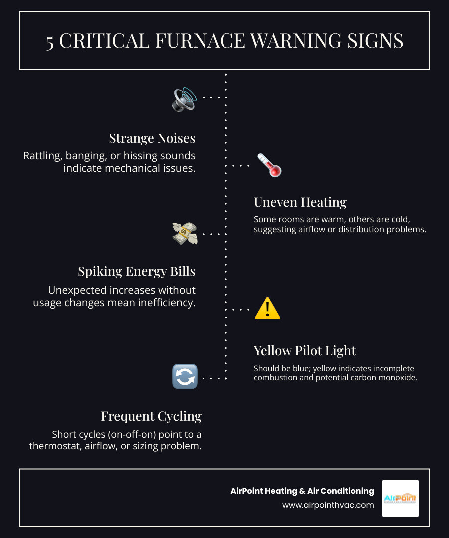 infographic showing five critical furnace warning signs: strange noises like rattling or hissing, uneven heating between rooms, sudden spike in energy bills, yellow or flickering pilot light, and frequent on-off cycling, with icons representing each symptom - best furnace repair in garden grove, ca infographic infographic-line-5-steps-dark
