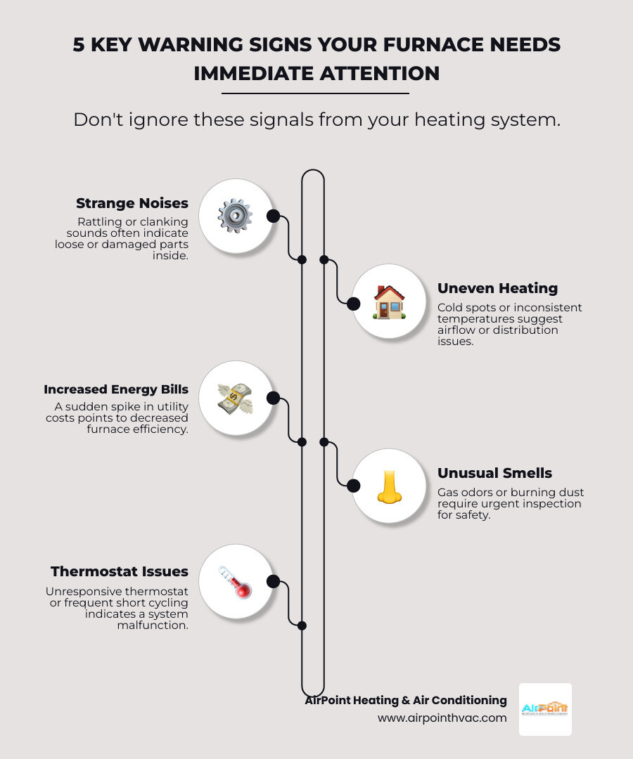 Infographic showing 5 key warning signs your furnace needs immediate attention: 1. Strange rattling or clanking noises indicating loose parts, 2. Uneven room temperatures or cold spots suggesting airflow issues, 3. Sudden spike in energy bills pointing to efficiency problems, 4. Unusual smells like gas or burning dust requiring urgent inspection, 5. Thermostat not responding or frequent system cycling - furnace repair company in garden grove, ca infographic infographic-line-5-steps-elegant_beige