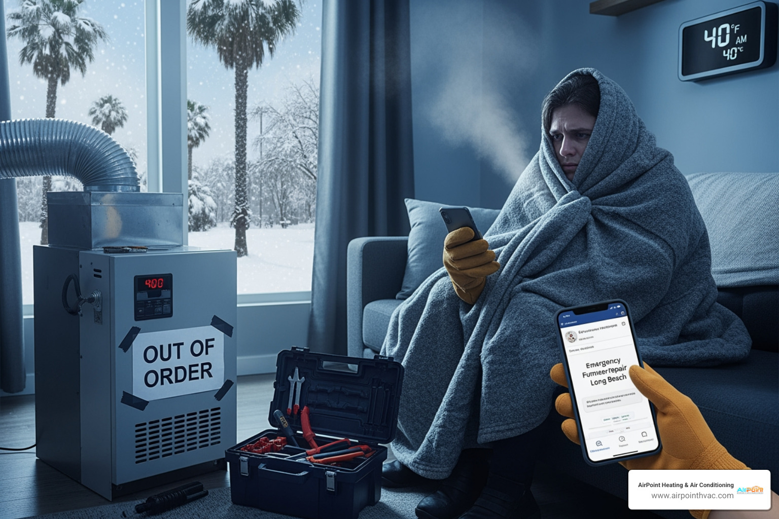 infographic showing three emergency steps: 1. Check thermostat and circuit breaker, 2. Call 24/7 emergency HVAC service, 3. Use safe temporary heating while waiting - "My heater went out in the middle of the night in Long Beach. Who offers emergency furnace repair?"