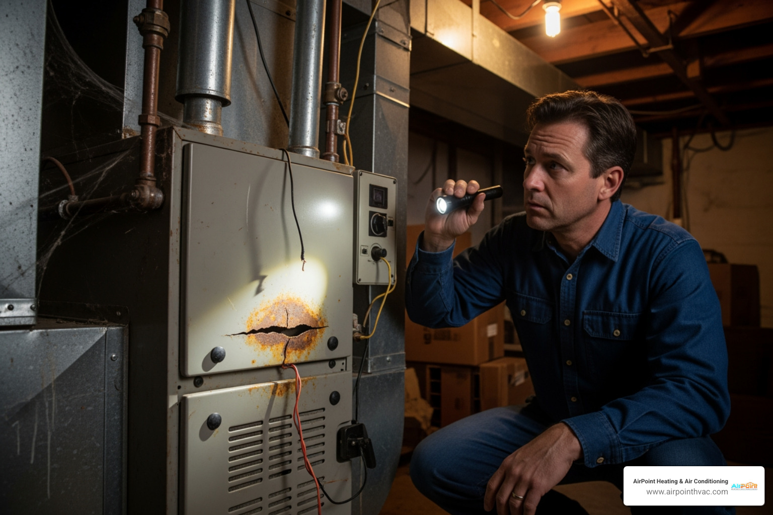 Infographic showing the top 5 warning signs of complete furnace failure: 1) No heat production despite thermostat setting, 2) Furnace age exceeding 15 years with frequent breakdowns, 3) Gas odor or yellow pilot light indicating safety hazards, 4) Loud banging, scraping, or grinding noises from the unit, 5) Carbon monoxide detector alarms or visible cracks in heat exchanger - emergency furnace installation in cerritos, ca Infographic showing the top 5 warning signs of complete furnace failure: 1) No heat production despite thermostat setting, 2) Furnace age exceeding 15 years with frequent breakdowns, 3) Gas odor or yellow pilot light indicating safety hazards, 4) Loud banging, scraping, or grinding noises from the unit, 5) Carbon monoxide detector alarms or visible cracks in heat exchanger - emergency furnace installation in cerritos, ca