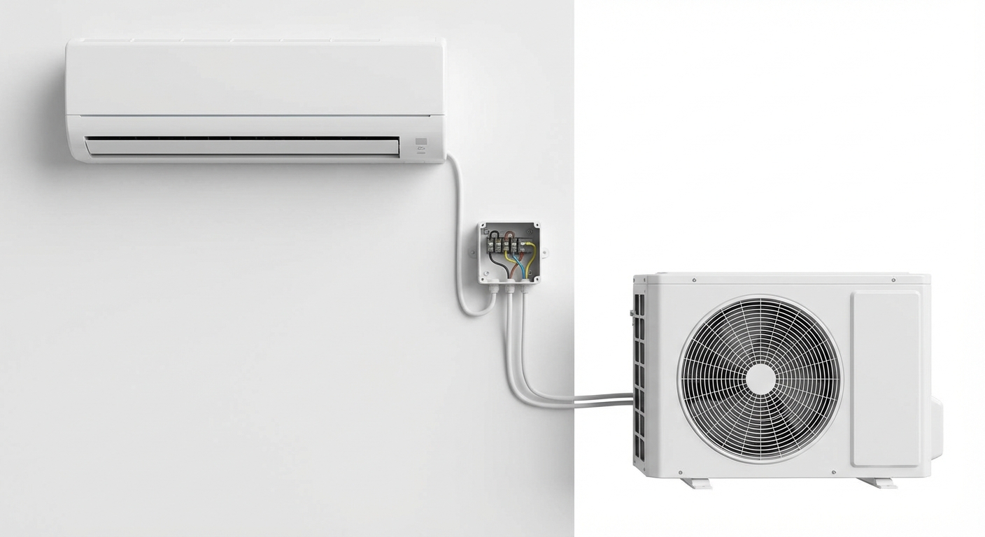 Infographic showing the key components of a ductless mini split system including the wall-mounted indoor air handler unit, outdoor condenser compressor unit, refrigerant line set connecting the two units, condensate drain line for moisture removal, and electrical connections with thermostat control - mini split ac repair in south cypress ca