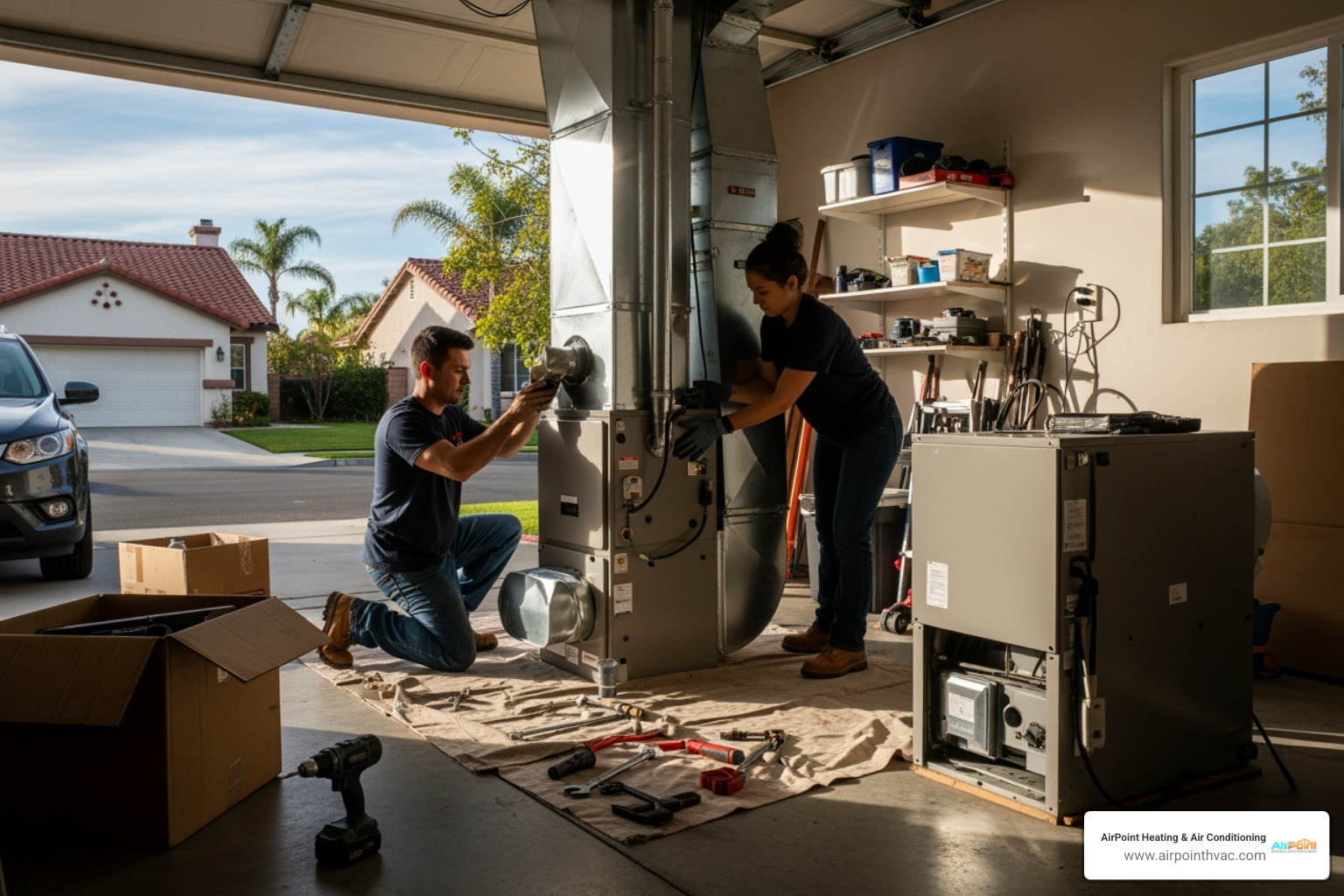 infographic showing the complete furnace installation process from initial assessment through final testing, including system sizing calculations, proper equipment selection for mild climates, professional installation steps, safety checks, and post-installation maintenance schedule - home furnace installation in south cypress, ca