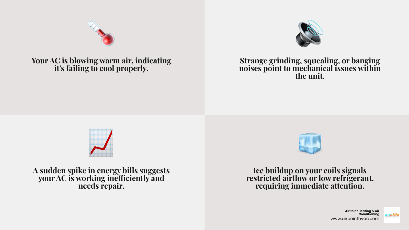 infographic showing four warning signs of AC failure: warm air from vents with a red thermometer icon, strange grinding or squealing noises with a sound wave symbol, sudden energy bill spike with an upward trending graph, and ice buildup on outdoor unit with a frost-covered coil illustration - "Find HVAC companies in Anaheim that offer same-day service for a broken air conditioner." infographic 4_facts_emoji_grey