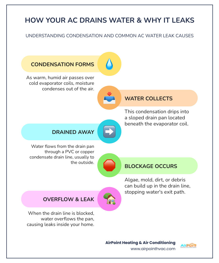 Infographic showing how an air conditioner produces condensation, where it should drain, common blockage points in the drain line, and what happens when drainage fails leading to indoor water leaks - "My air conditioner is leaking water. Who are the best AC repair specialists in Huntington Beach?" infographic infographic-line-5-steps-colors