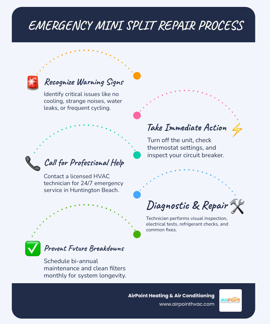 infographic showing emergency mini split repair process: 1. Recognize warning signs like no cooling, strange noises, water leaks, or frequent cycling. 2. Take immediate action by turning off the unit and checking breakers. 3. Call a licensed technician for same-day service. 4. Technician performs visual inspection, electrical testing, and refrigerant checks. 5. Common emergency repairs include capacitor replacement, refrigerant leak sealing, drain line clearing, and control board fixes. 6. Prevention through bi-annual maintenance and monthly filter cleaning. - emergency mini split ac repair in huntington beach, ca infographic infographic-line-5-steps-blues-accent_colors infographic showing emergency mini split repair process: 1. Recognize warning signs like no cooling, strange noises, water leaks, or frequent cycling. 2. Take immediate action by turning off the unit and checking breakers. 3. Call a licensed technician for same-day service. 4. Technician performs visual inspection, electrical testing, and refrigerant checks. 5. Common emergency repairs include capacitor replacement, refrigerant leak sealing, drain line clearing, and control board fixes. 6. Prevention through bi-annual maintenance and monthly filter cleaning. - emergency mini split ac repair in huntington beach, ca infographic infographic-line-5-steps-blues-accent_colors