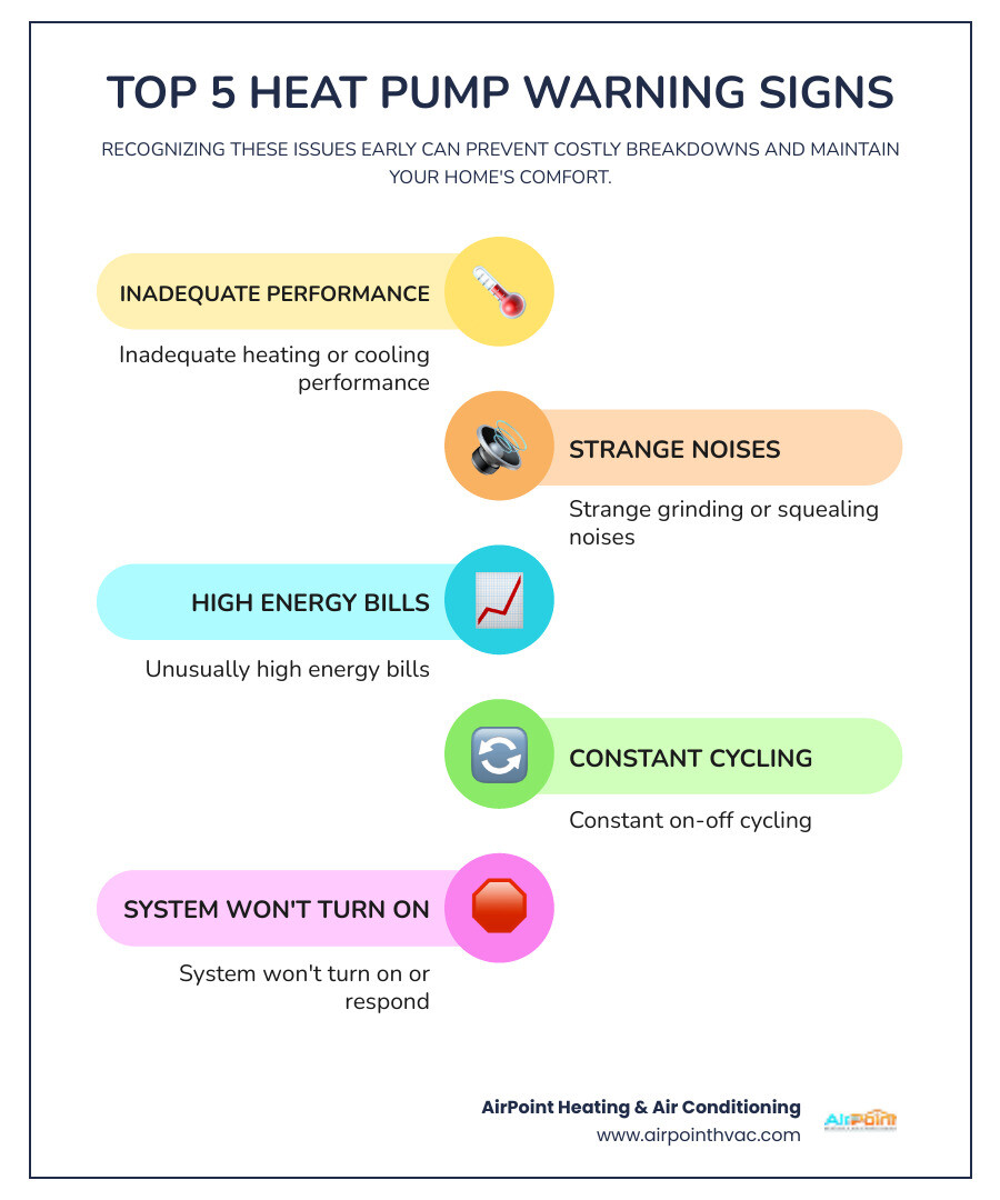Infographic showing the top 5 warning signs that a heat pump needs repair: 1. Inadequate heating or cooling performance with temperature icon, 2. Strange grinding or squealing noises with sound wave icon, 3. Unusually high energy bills with upward trending graph, 4. Constant on-off cycling with circular arrows, 5. System won't turn on or respond with power button icon - heat pump repair in lakewood ca infographic infographic-line-5-steps-colors Infographic showing the top 5 warning signs that a heat pump needs repair: 1. Inadequate heating or cooling performance with temperature icon, 2. Strange grinding or squealing noises with sound wave icon, 3. Unusually high energy bills with upward trending graph, 4. Constant on-off cycling with circular arrows, 5. System won't turn on or respond with power button icon - heat pump repair in lakewood ca infographic infographic-line-5-steps-colors