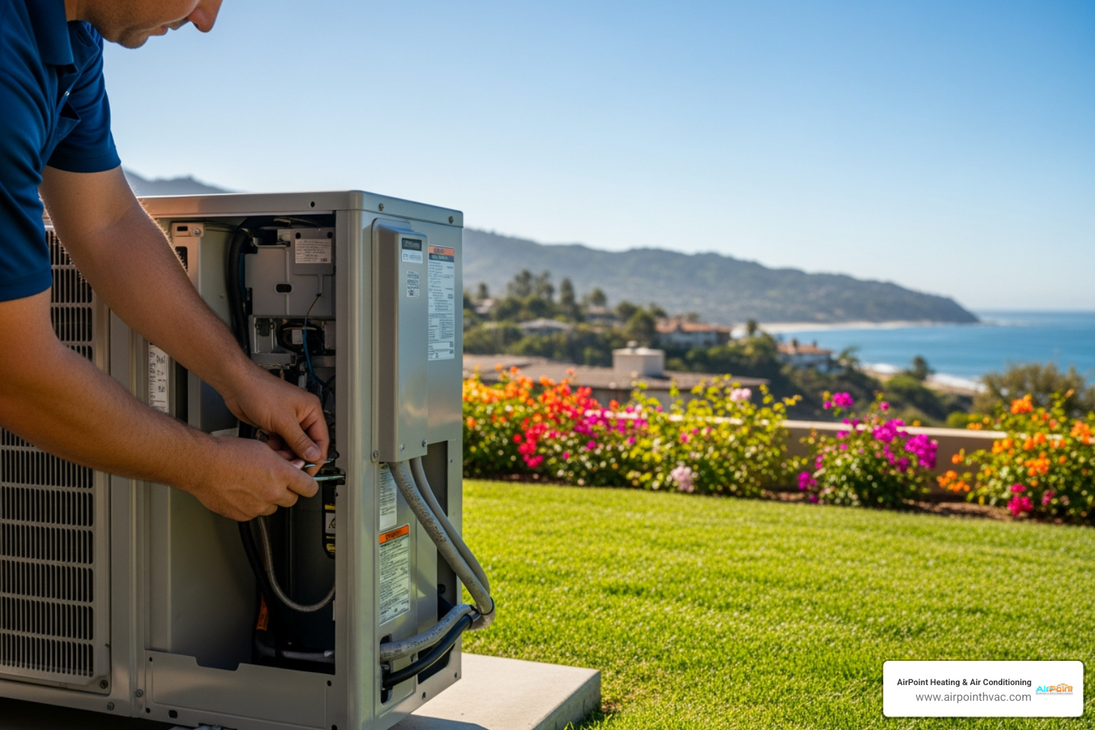 Infographic explaining how salt air damages an AC unit's condenser coils - ac tune-up in laguna beach ca