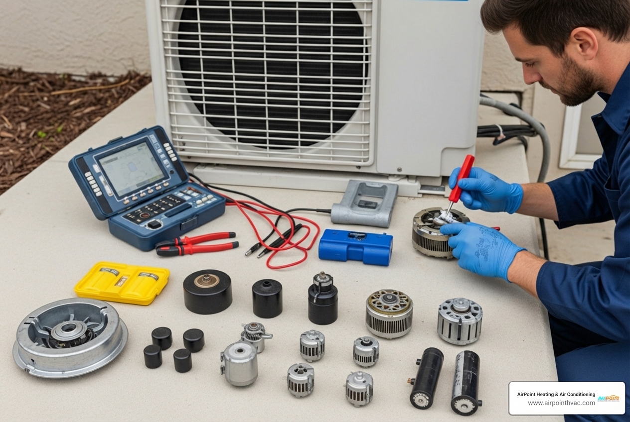 Infographic showing the key components of quality mini-split repair: diagnostic testing equipment, common repair parts like capacitors and fan motors, maintenance tasks including filter cleaning and coil rinsing, and coastal protection measures like corrosion-resistant coatings - best mini split ac repair in huntington beach, ca Infographic showing the key components of quality mini-split repair: diagnostic testing equipment, common repair parts like capacitors and fan motors, maintenance tasks including filter cleaning and coil rinsing, and coastal protection measures like corrosion-resistant coatings - best mini split ac repair in huntington beach, ca