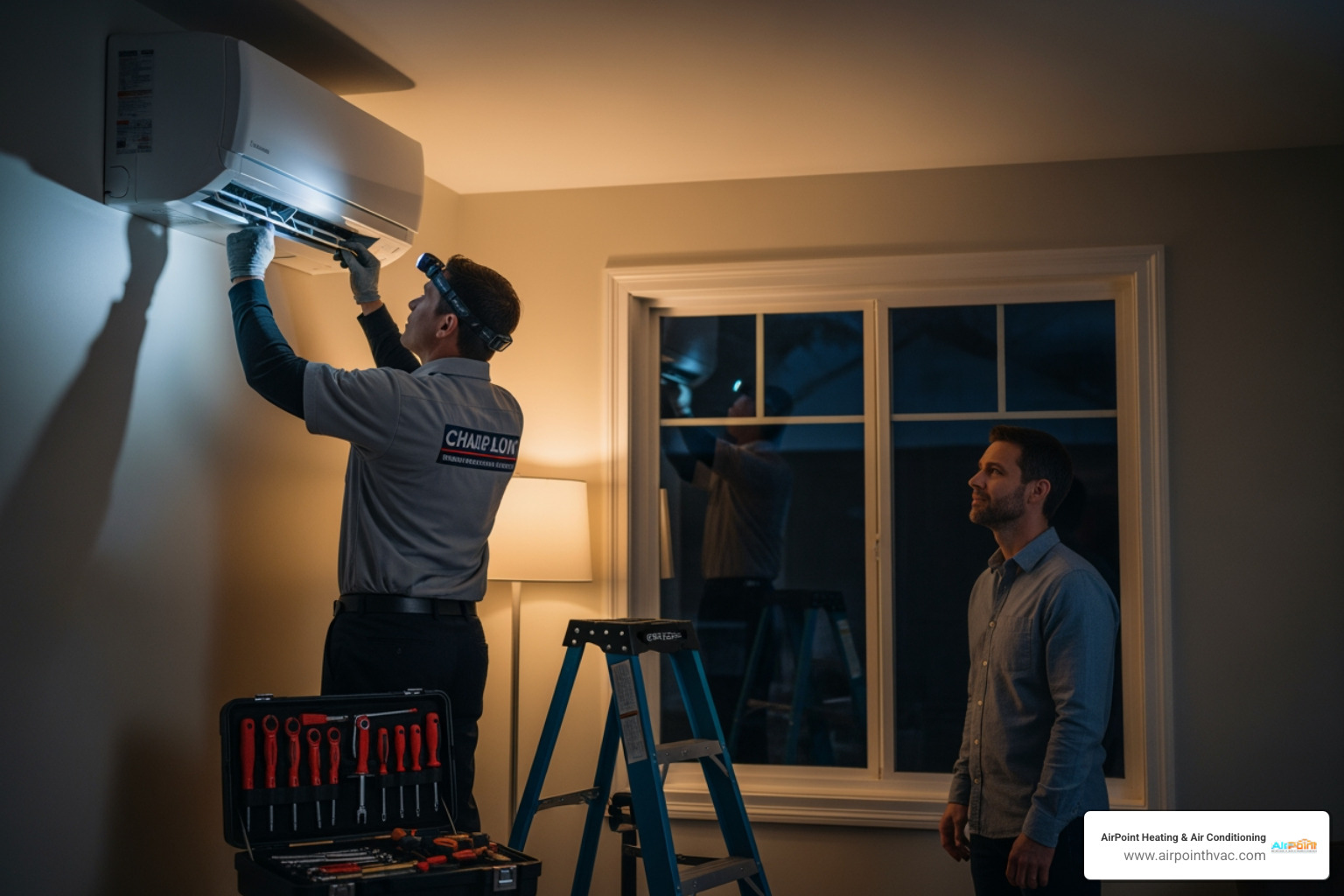 infographic showing mini-split system components including indoor air handler, outdoor compressor unit, refrigerant lines, condensate drain, and common failure points with emergency warning signs - 24 hour mini split ac repair in anaheim, ca