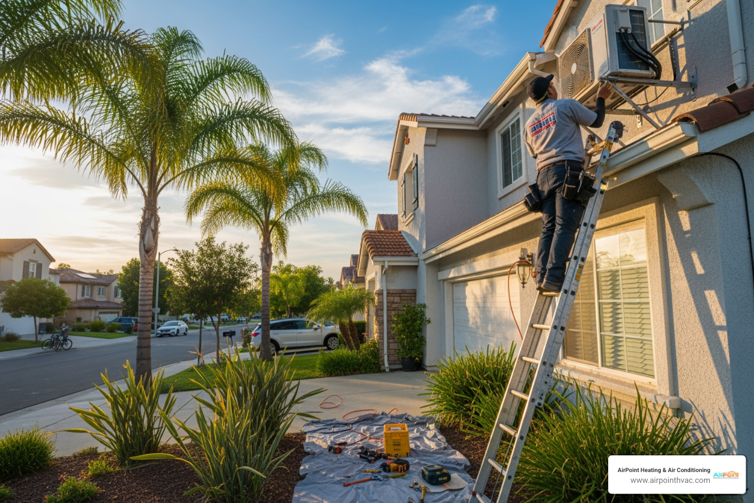 infographic showing the mini split repair process: initial assessment with technician inspecting unit, diagnostic testing of refrigerant and electrical systems, transparent communication of findings, repair options presentation, and final performance verification - local mini split ac repair in south cypress, ca