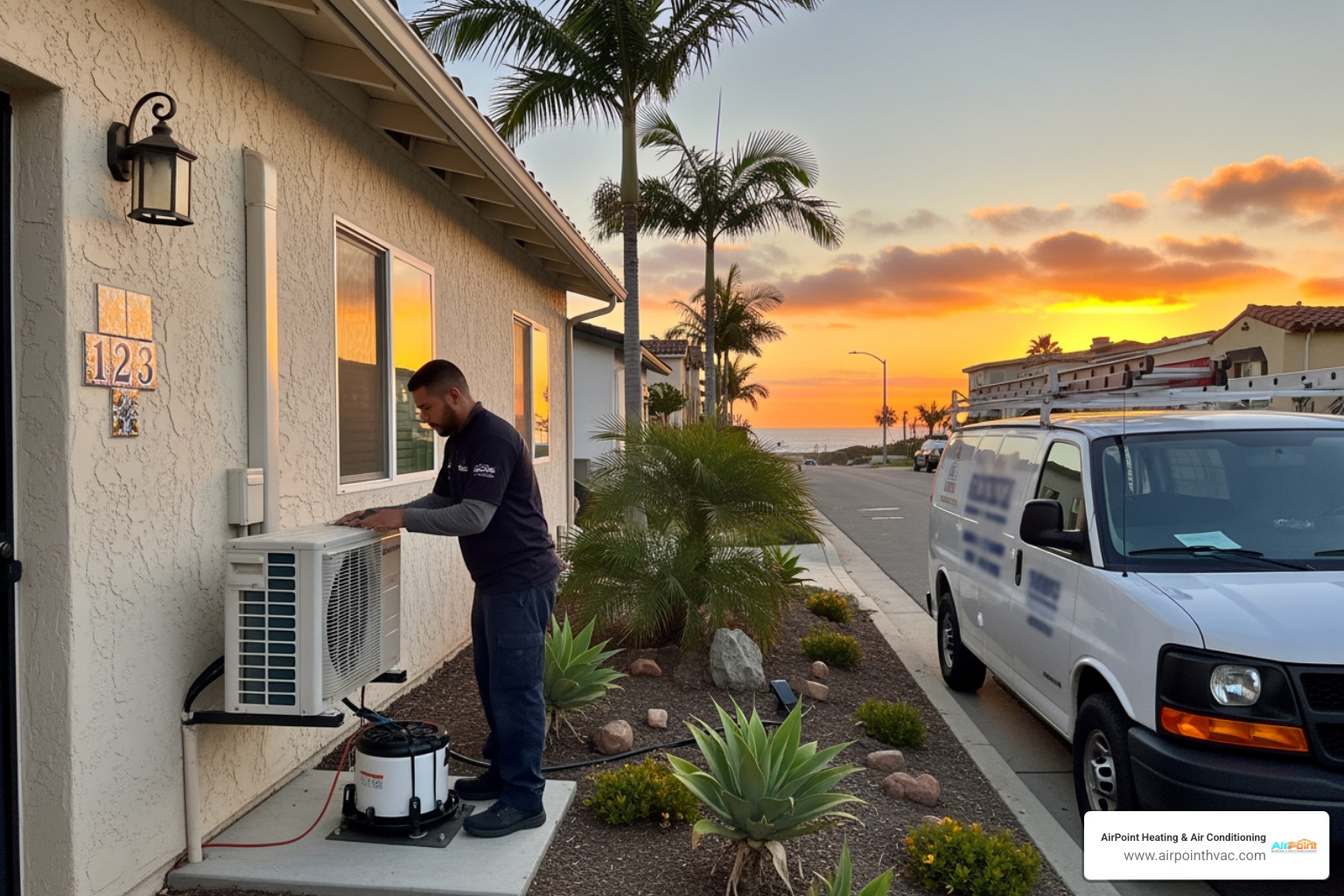 infographic showing mini split system components including outdoor compressor unit connected via conduit to indoor wall-mounted air handler, with labels for refrigerant lines, electrical wiring, and condensate drain - affordable mini split ac repair in huntington beach, ca