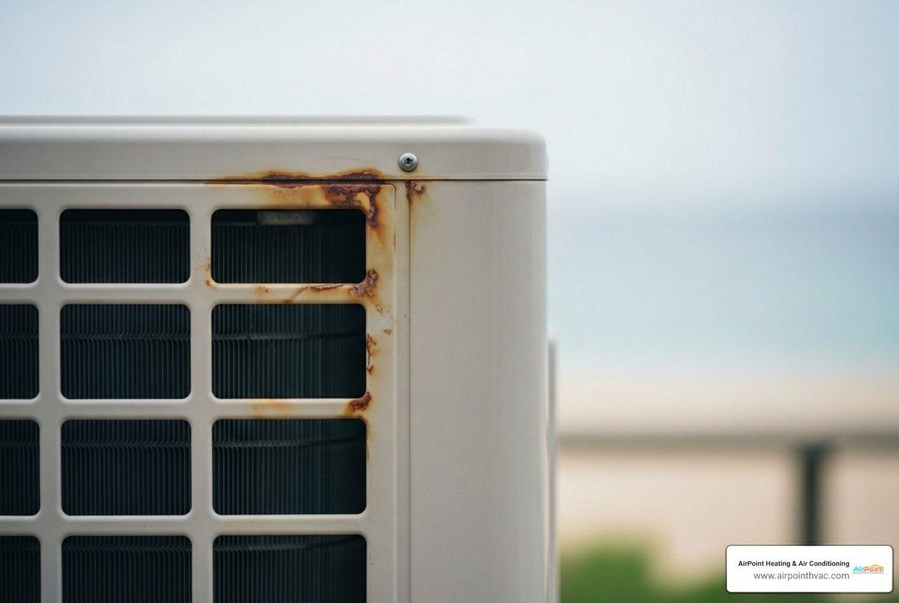 Infographic showing the impact of Huntington Beach coastal climate on mini-split systems, including salt corrosion on outdoor units, condensate drain clogs from high humidity, accelerated wear on electrical components, and recommended maintenance schedule with twice-yearly professional tune-ups and monthly outdoor unit rinsing