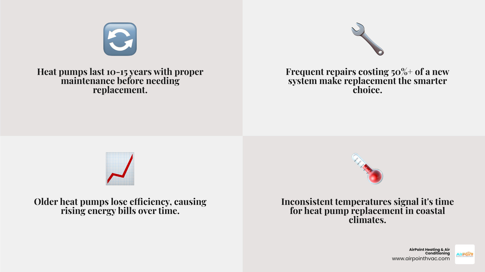 Infographic showing signs for heat pump replacement and how heat pumps transfer heat in Cypress CA coastal climate - heat