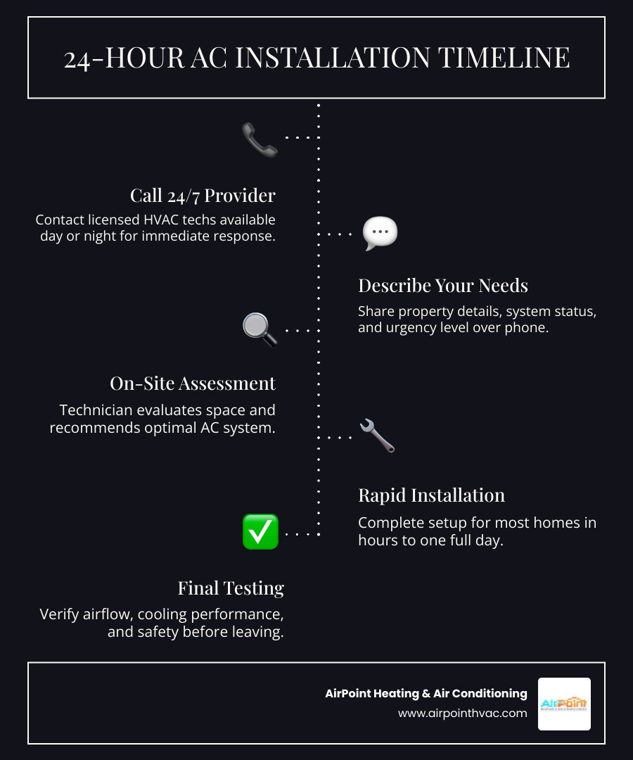 Infographic showing 24-hour AC installation timeline steps from call to system test - 24 hour ac installation in downey, ca
