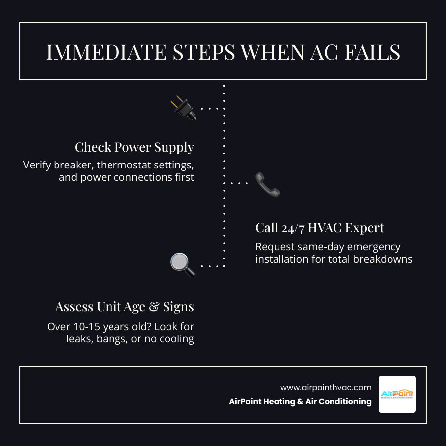 Infographic showing immediate steps when AC fails: check power, call 24/7 HVAC, assess unit age, request same-day install
