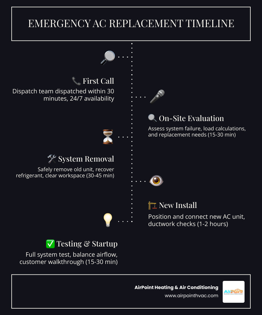 Infographic showing timeline of emergency AC replacement from first call to system running - 24 hour ac installation in Infographic showing timeline of emergency AC replacement from first call to system running - 24 hour ac installation in