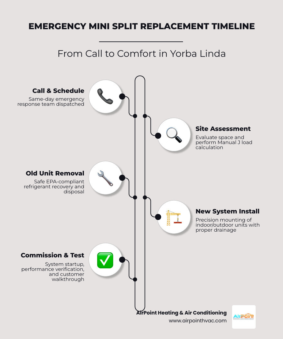 Infographic showing emergency mini split replacement timeline: call and schedule same day, site assessment and old unit