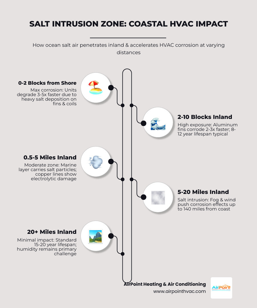 Infographic showing the Salt Intrusion Zone along California coast and its effects on HVAC components at varying distances