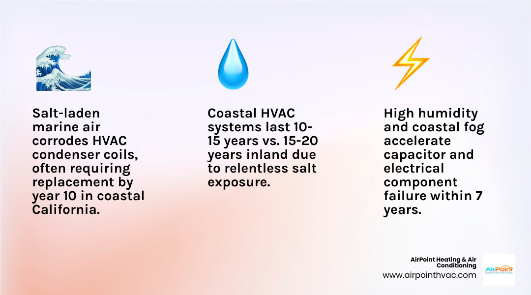Infographic showing how salt air corrodes HVAC components and reduces system lifespan in coastal California - how long does