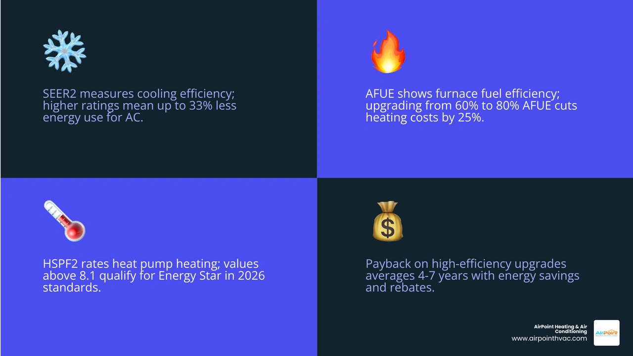 Infographic comparing SEER2 and AFUE ratings with payback timelines and energy savings percentages - is a high efficiency Infographic comparing SEER2 and AFUE ratings with payback timelines and energy savings percentages - is a high efficiency