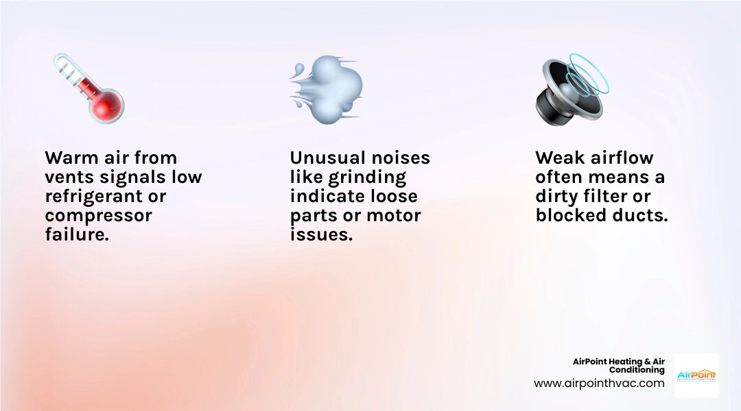 Infographic showing 7 warning signs your AC is going bad with icons for each symptom - how to know if your ac is going bad Infographic showing 7 warning signs your AC is going bad with icons for each symptom - how to know if your ac is going bad