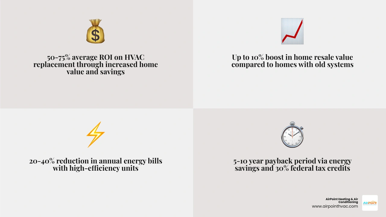 Infographic showing components of HVAC ROI including energy savings, resale value, tax credits, and payback period - hvac