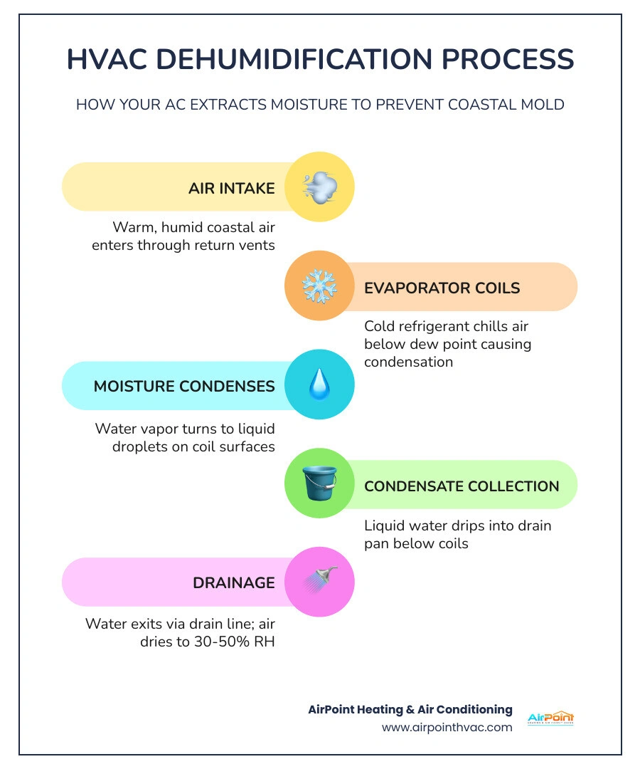 Infographic showing HVAC dehumidification process steps and ideal indoor humidity range for mold prevention infographic