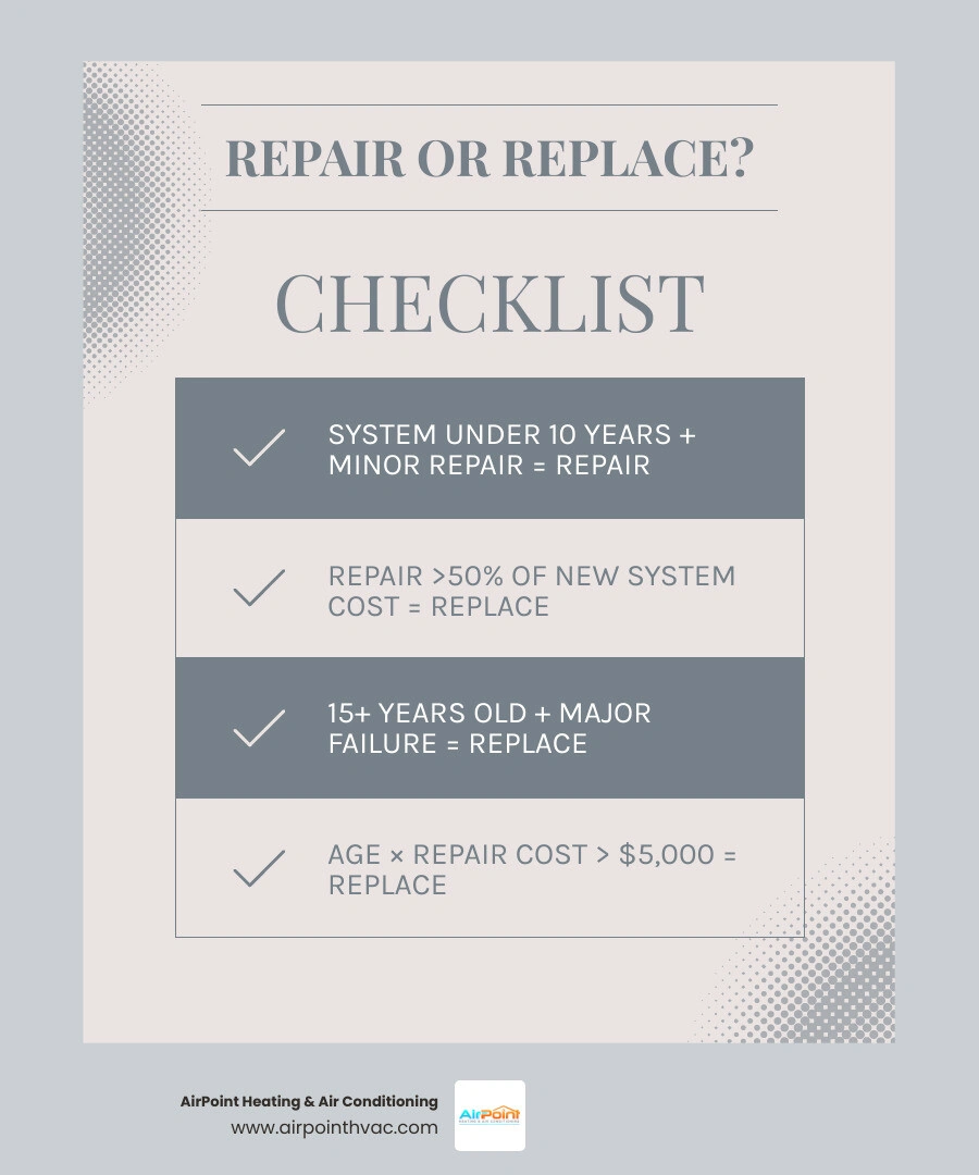 HVAC repair vs replace decision flowchart with age, cost rules, and refrigerant factors infographic HVAC repair vs replace decision flowchart with age, cost rules, and refrigerant factors infographic