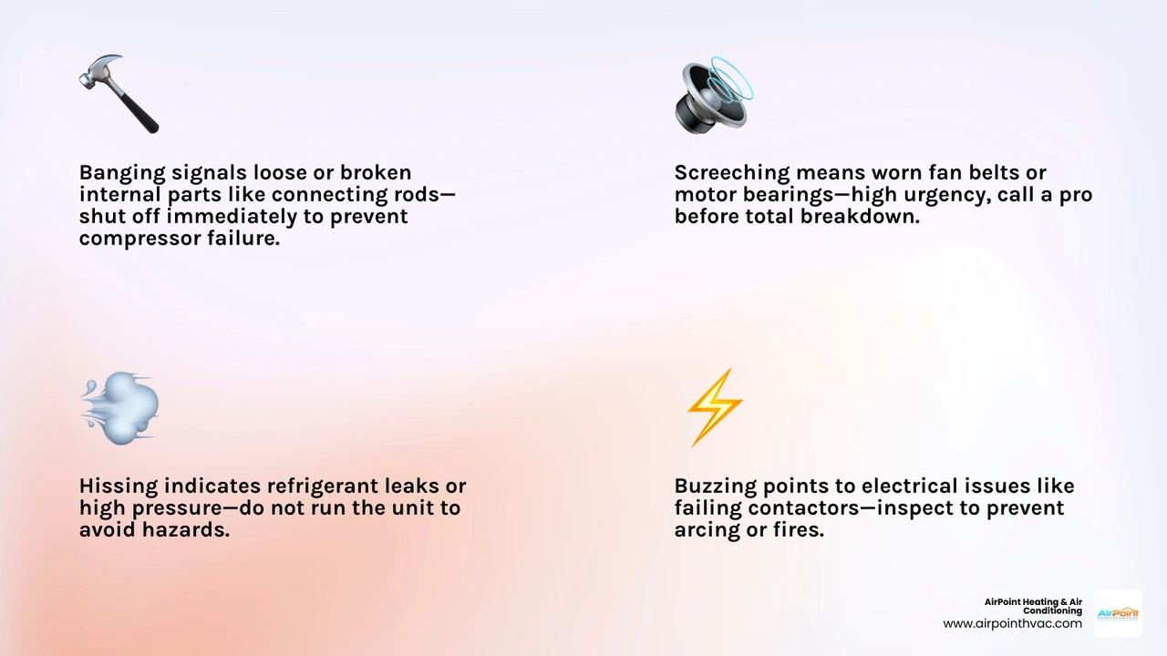 Common AC noises and what they mean infographic with urgency levels infographic