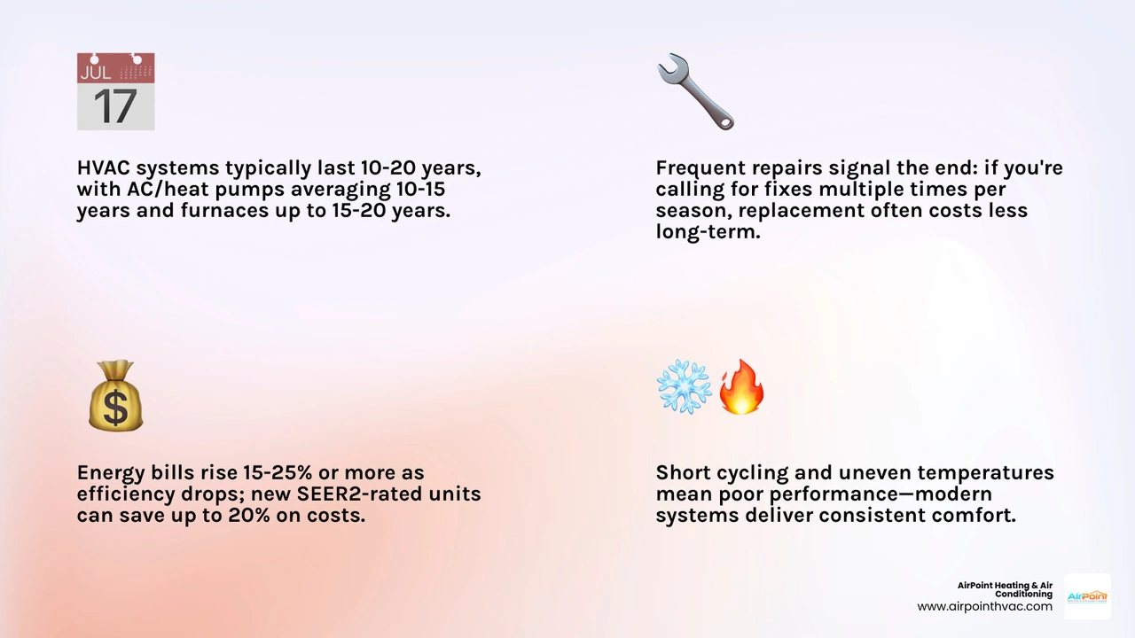 Infographic showing HVAC lifecycle from installation to replacement, efficiency decline over 10-20 years, and key warning