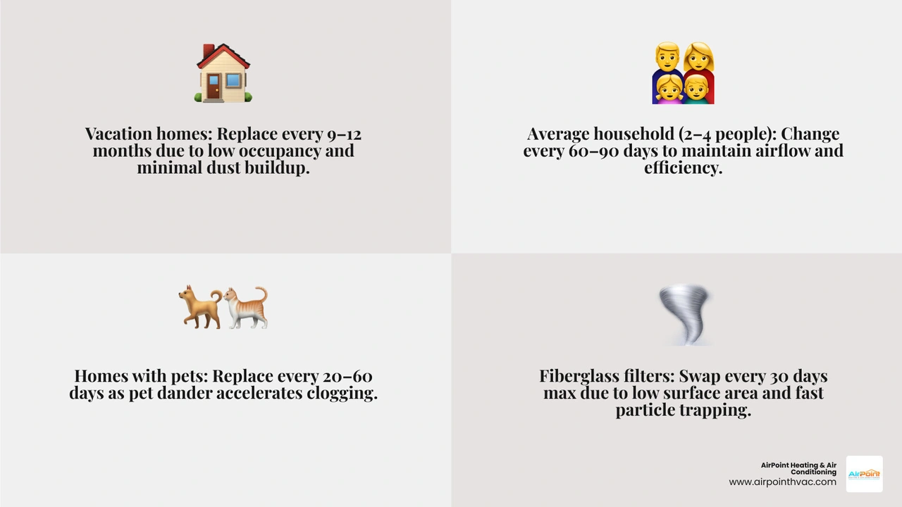Infographic showing HVAC filter replacement frequency by household type and filter size infographic