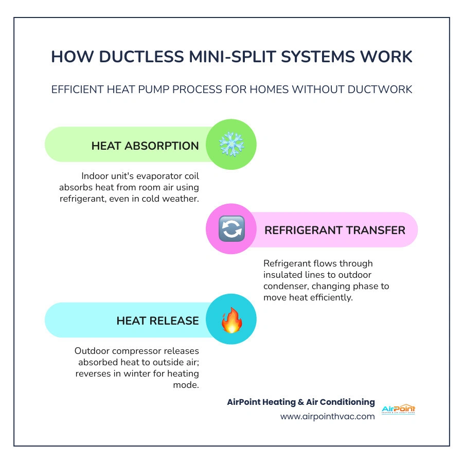 Infographic showing how a ductless mini-split system works: heat pump cycle, refrigerant flow, indoor and outdoor unit