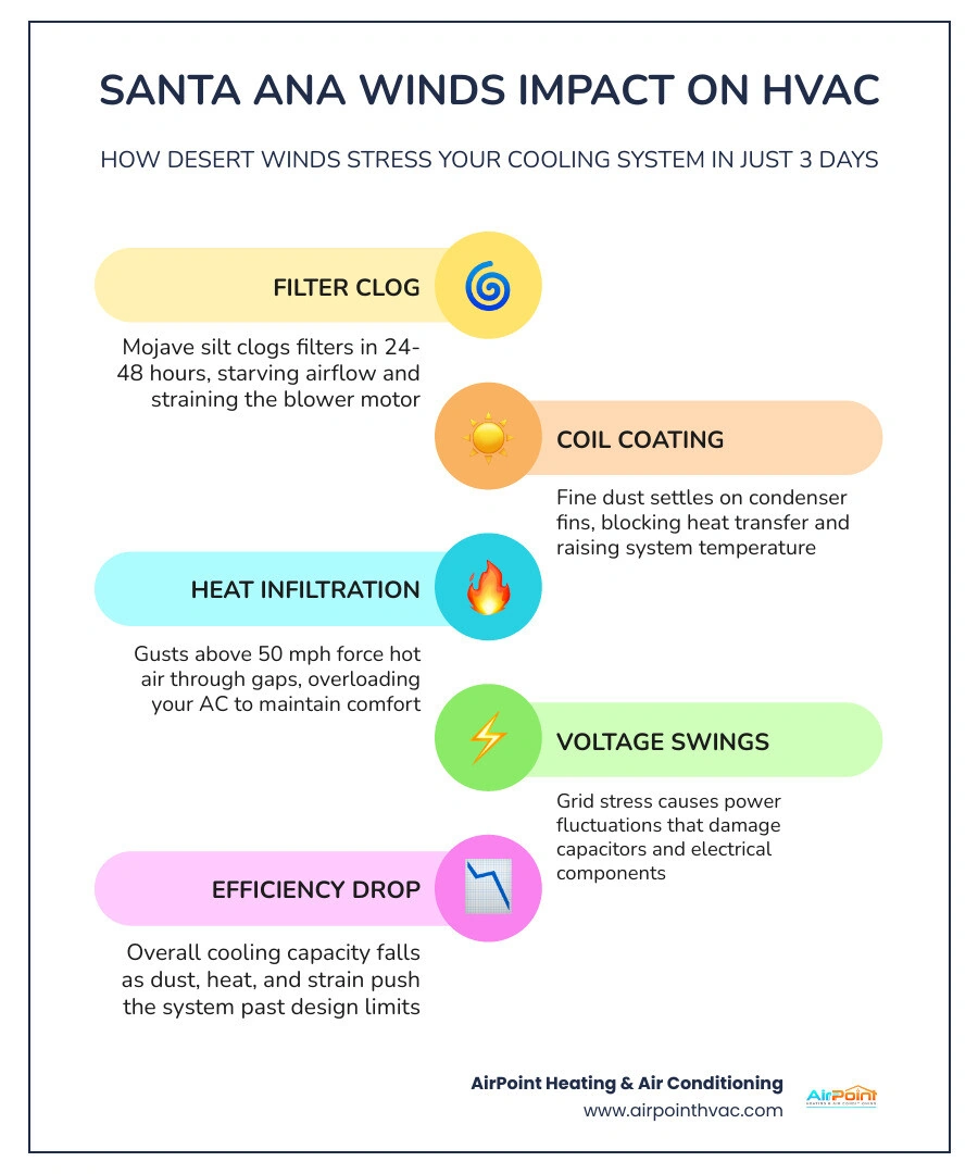 Infographic showing Santa Ana wind impact on home HVAC systems including filter clogging, coil damage, and heat infiltration