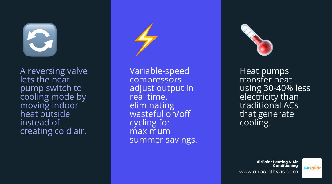 Infographic showing how heat pumps reverse cycle in summer to move heat outdoors and save energy infographic