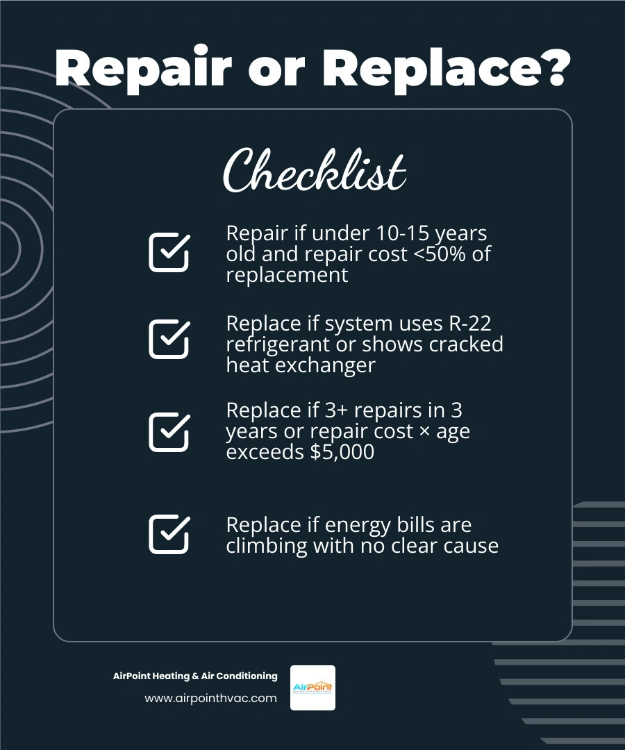 HVAC repair vs replace decision matrix infographic showing age thresholds, $5,000 rule, 50% rule, and replacement warning