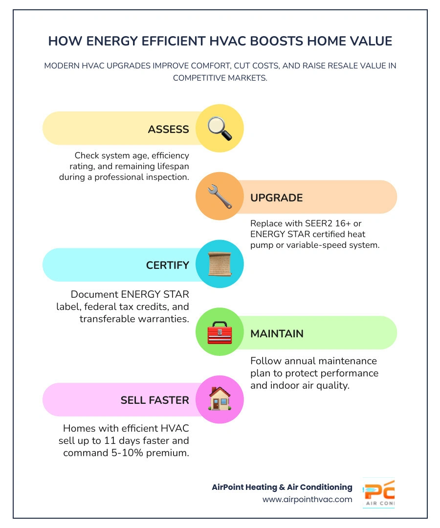 Infographic showing how energy-efficient HVAC upgrades connect to higher home resale value and faster sales infographic Infographic showing how energy-efficient HVAC upgrades connect to higher home resale value and faster sales infographic