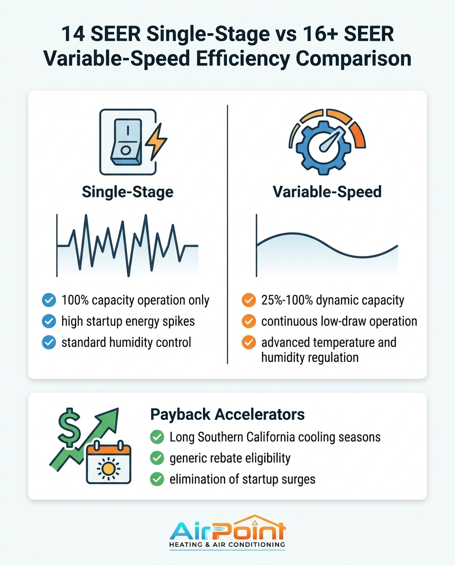 14 SEER Single-Stage vs 16+ SEER Variable-Speed Efficiency Comparison