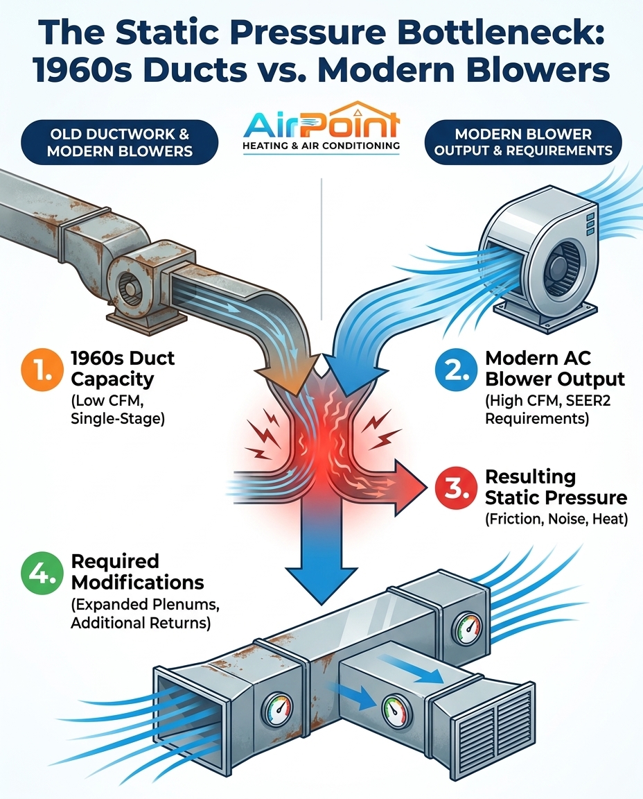 The Static Pressure Bottleneck: 1960s Ducts vs. Modern Blowers