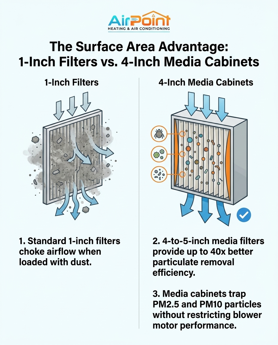 The Surface Area Advantage: 1-Inch Filters vs. 4-Inch Media Cabinets