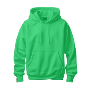 A green hoodie displayed with its hood up, showcasing its fabric and design.