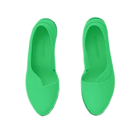 A pair of green shoes placed on a clean white surface, showcasing their vibrant color and design.