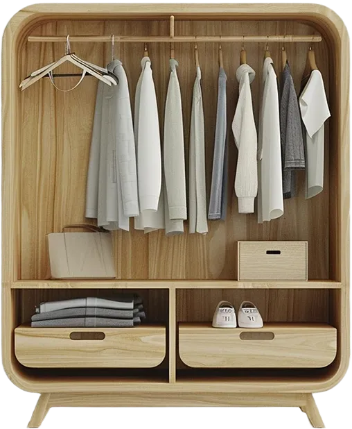 A wooden wardrobe displaying an assortment of clothes on hangers.