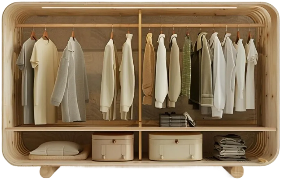 A wooden wardrobe displaying an assortment of clothes on hangers.